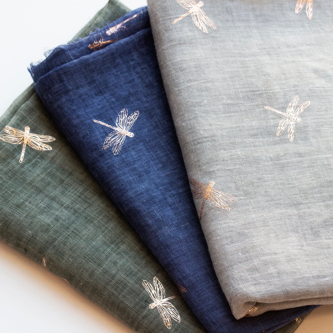 Dragonfly Foil Scarf - Olive Green | Rose Gold Foil Viscose Scarf