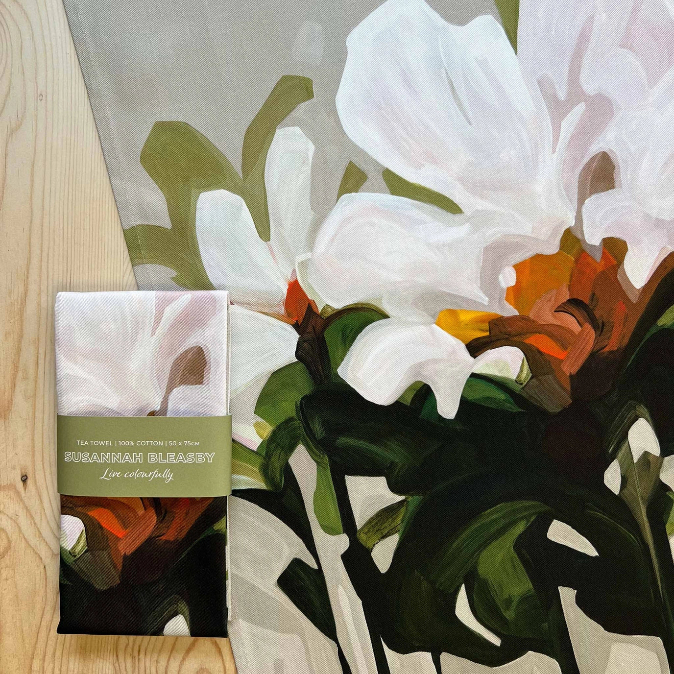 Beige Floral Cotton Tea Towel