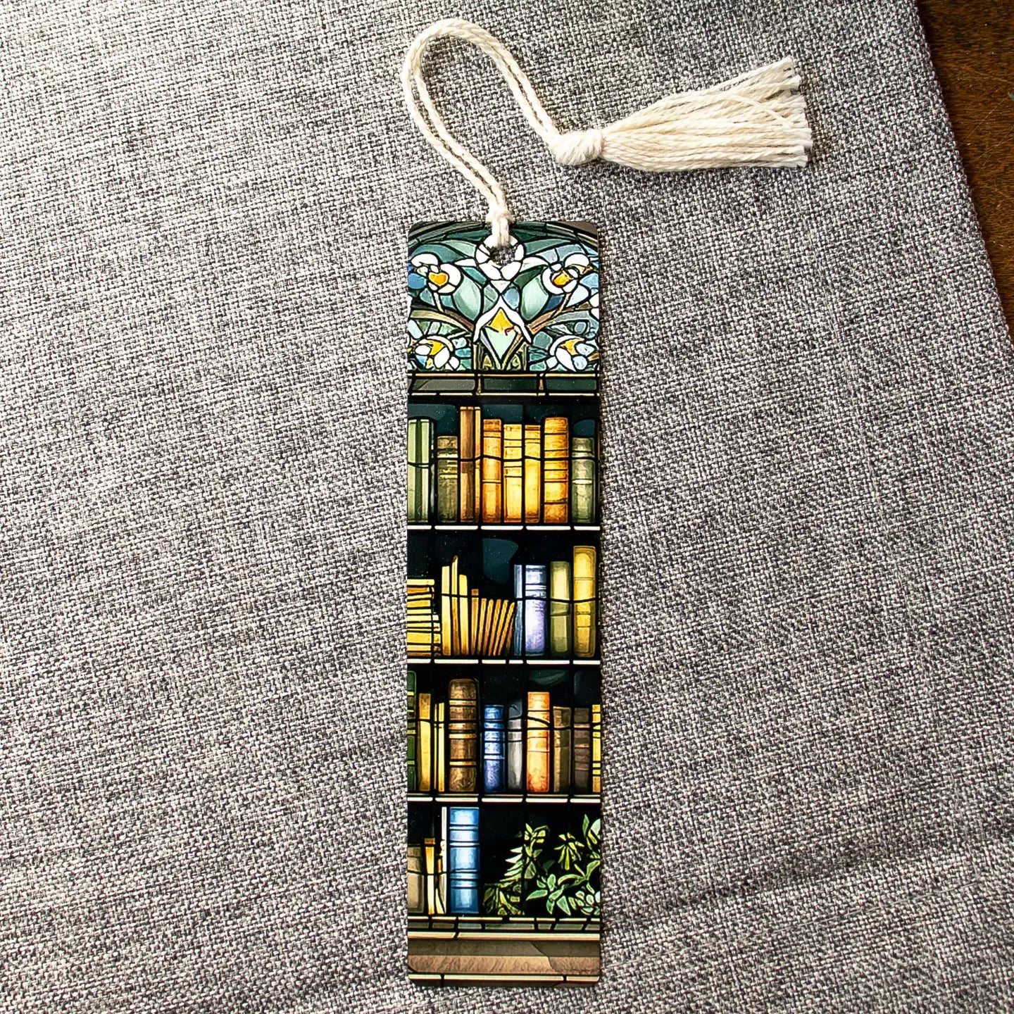 Stained Glass Library Bookmark - Bookcase with Houseplant
