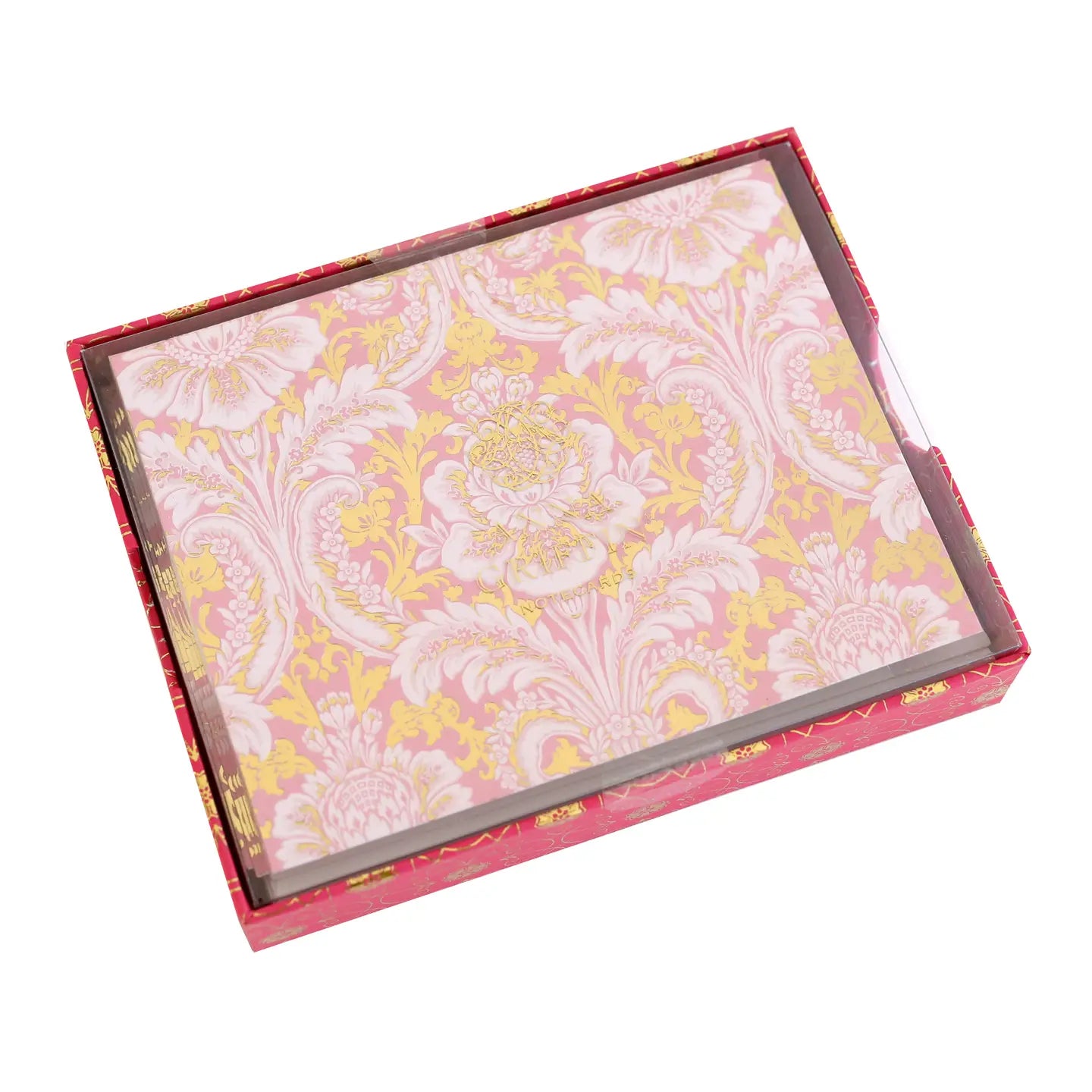 Pink Damask Folded Note Cards with Gold Foil