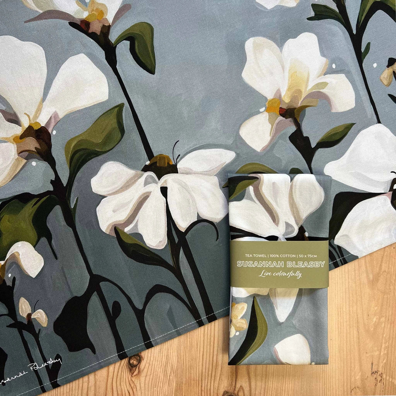 Cream Flowers Grey Cotton Tea Towel