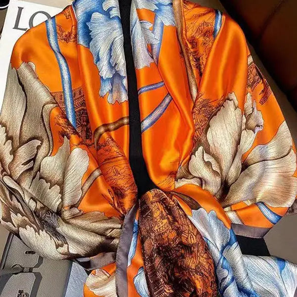 Garden Floral Printed Shawl & Scarf - Orange | Premium Silk Blend