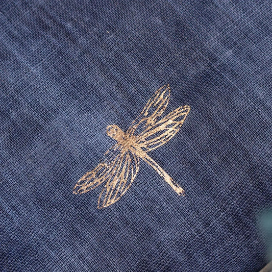 Dragonfly Foil Scarf - Denim Blue | Lightweight Viscose Scarf with Rose Gold Detail
