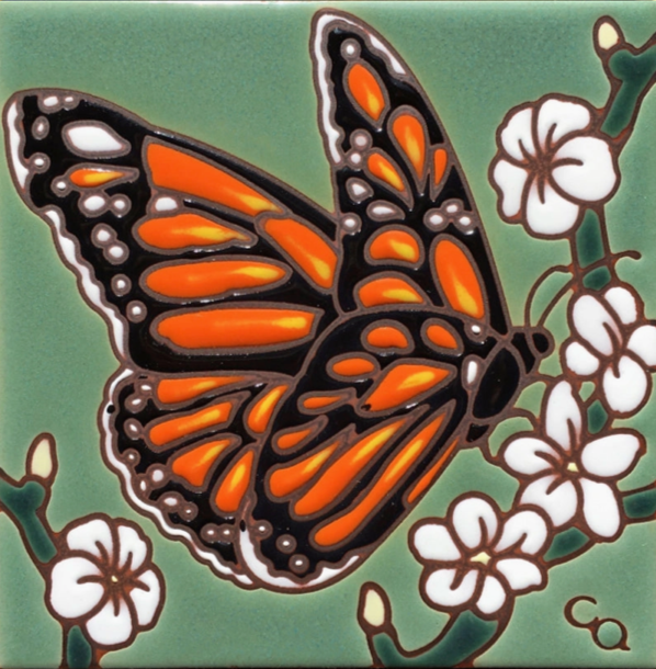 Monarch with White Flowers Art Tile Trivet – Green Background