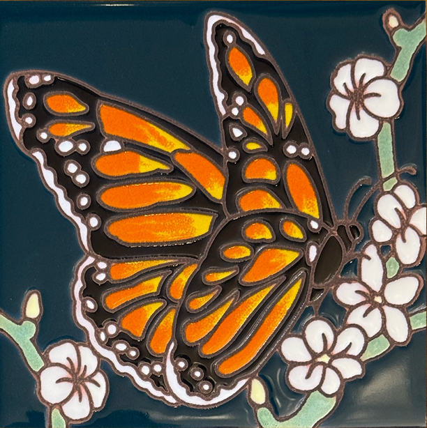 Monarch with White Flowers Art Tile Trivet – Dark Background