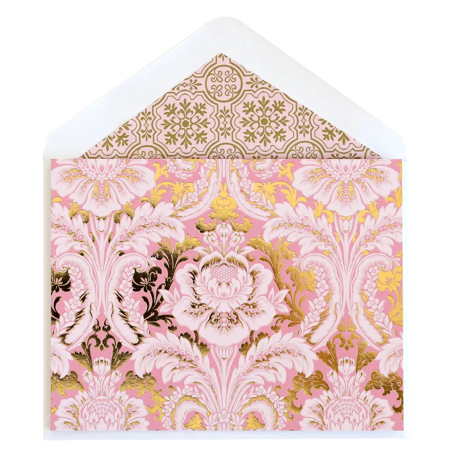 Pink Damask Folded Note Cards with Gold Foil