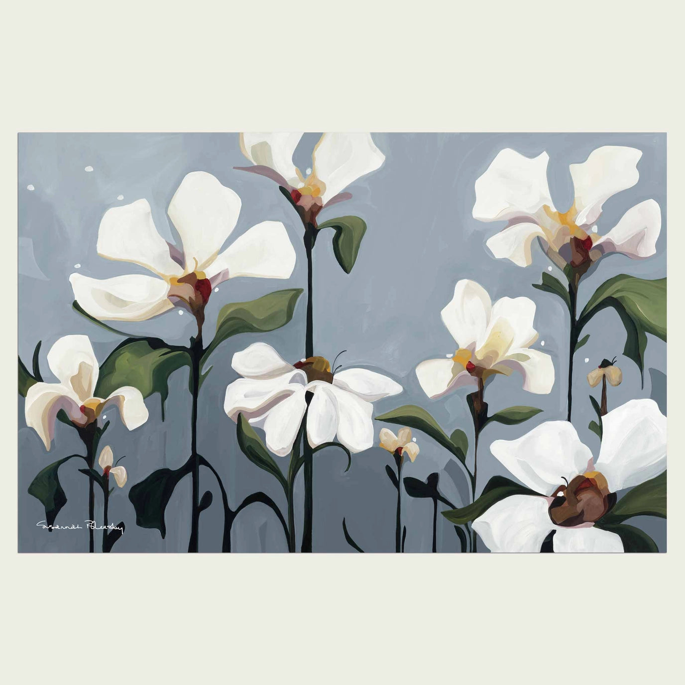 Cream Flowers Grey Cotton Tea Towel