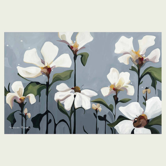 Cream Flowers Grey Cotton Tea Towel