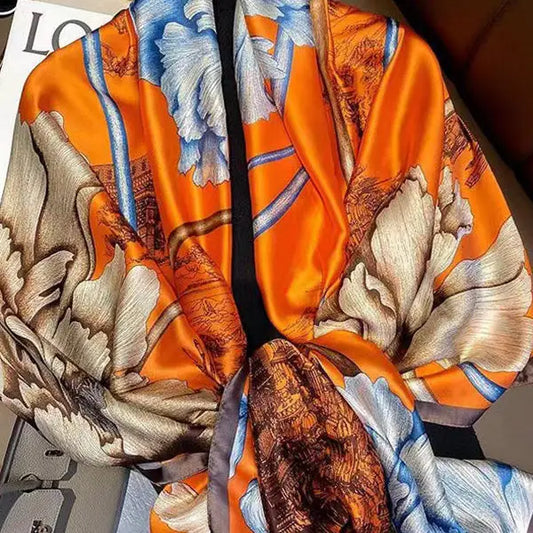Garden Floral Printed Shawl & Scarf - Orange | Premium Silk Blend