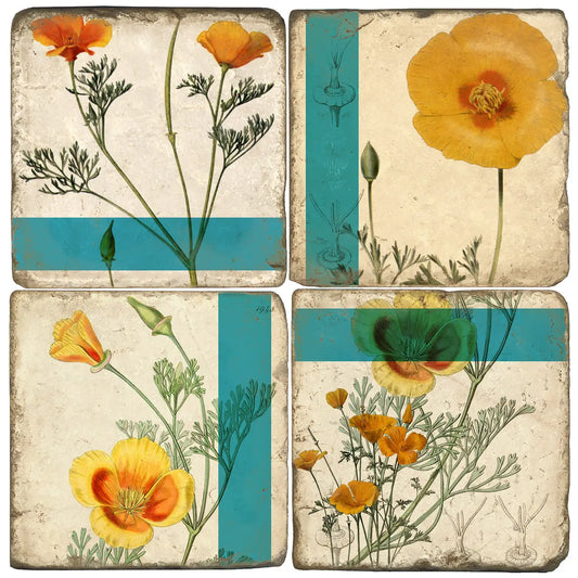 California Poppies - Tumbled Marble Coasters Set of 4