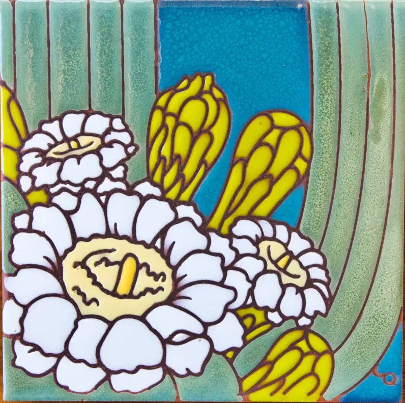 Saguaro Cactus Bloom Hand Glazed Art Tile Trivet