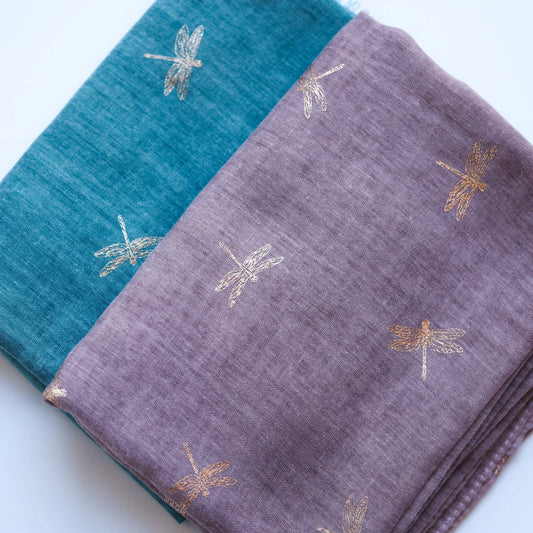 Dragonfly Foil Scarf - Teal | Lightweight Scarf with Rose Gold Dragonflies